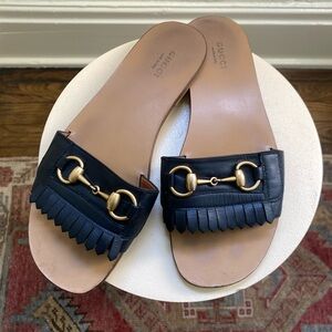 Gucci Black and Gold Slide Sandals with Horsebit Accent